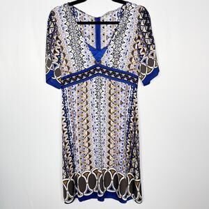 Elie Tahari Small Blue Purple Printed Silk Stretch Short Sleeve VNeck Dress Slip